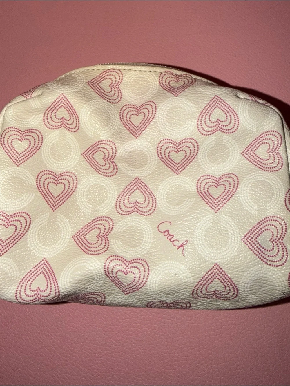 Coach White and Pink Waverly Hearts Small Cosmetic Pouch